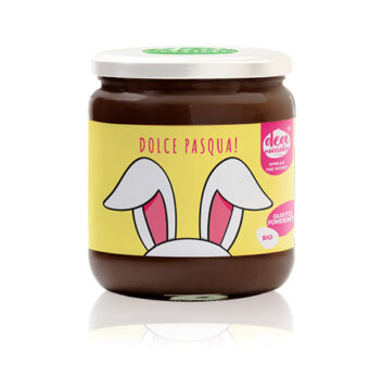 Vasetto di crema al gusto fondente con etichetta gialla edizione speciale pasqua con al centro orecchie di coniglio bianche e dicitura Buona Pasqua!